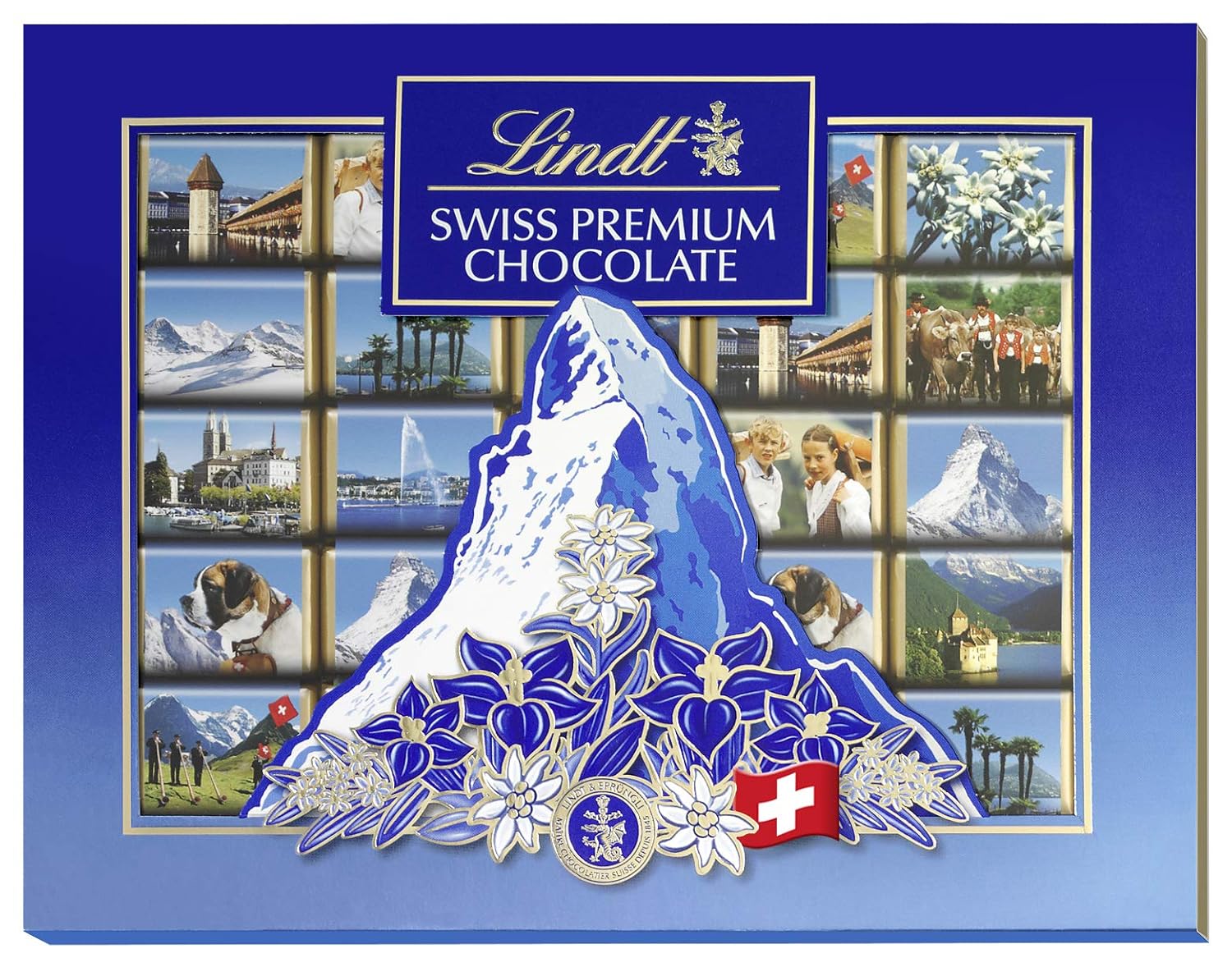 Schweizer Ansichten SOUVENIR 142g Lindt Napolitains 25 Mini Täfelchen Vollmilch als POSTkarte
