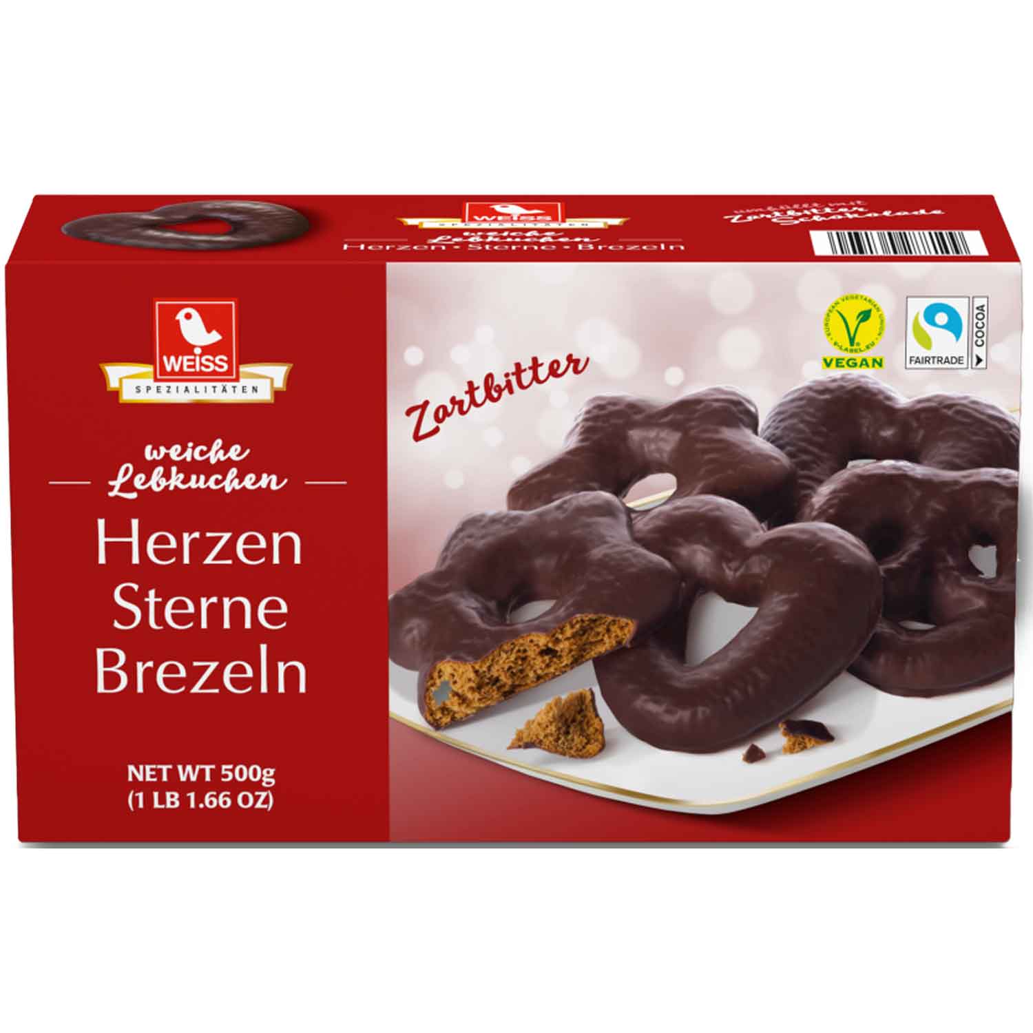 WEISS 500g Zarte Lebkuchen Herzen Sterne Brezeln Zartbitter Schokolade MHD 4/26