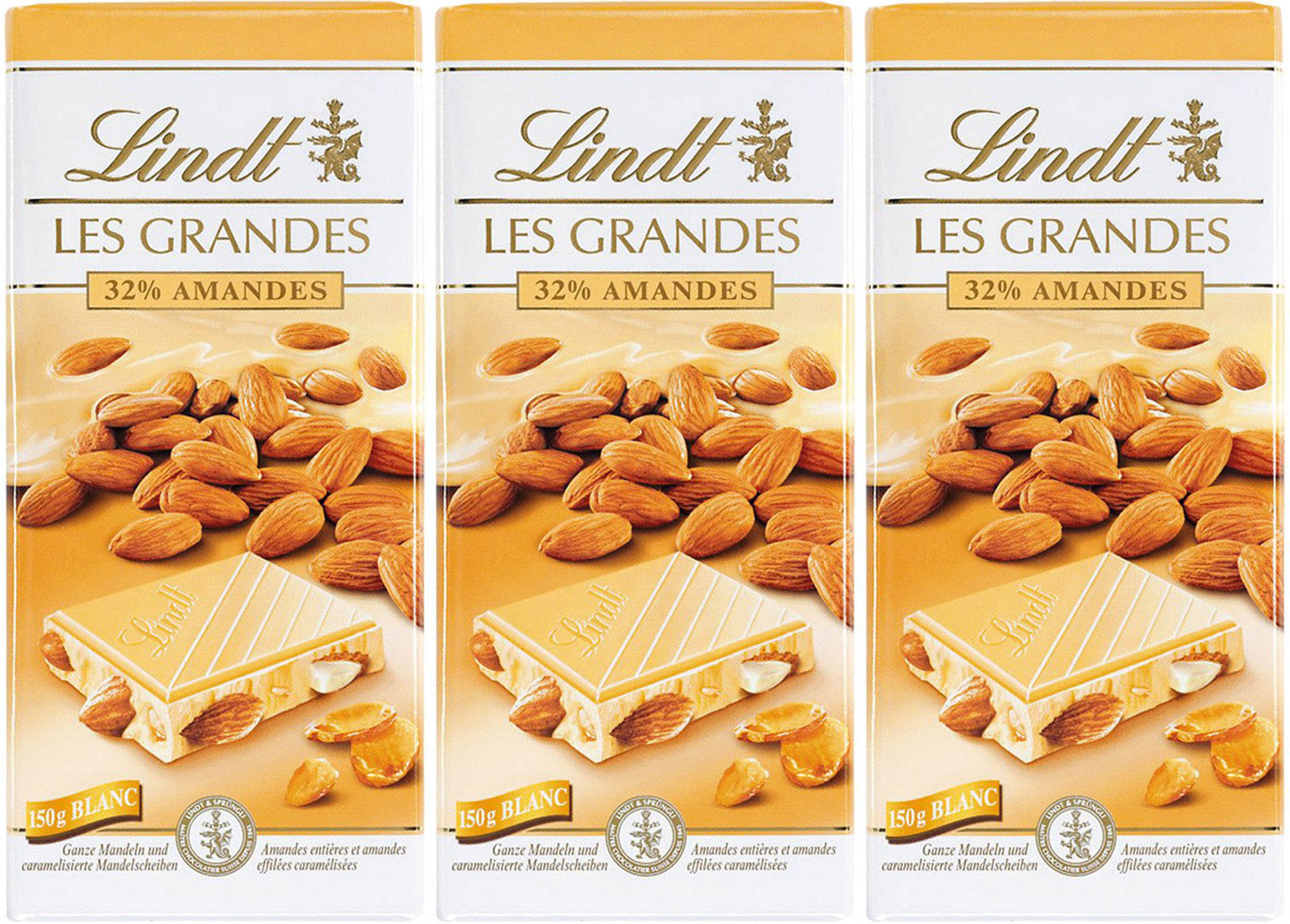 Lindt 3 x 150g. Les Grandes Weiße Schokolade mit karamellisierten Mandel-Stückchen