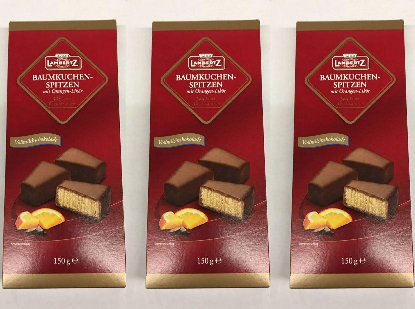 Lambertz 3x 150g Baumkuchenspitzen mit Orangen Likör in Vollmilchschokolade