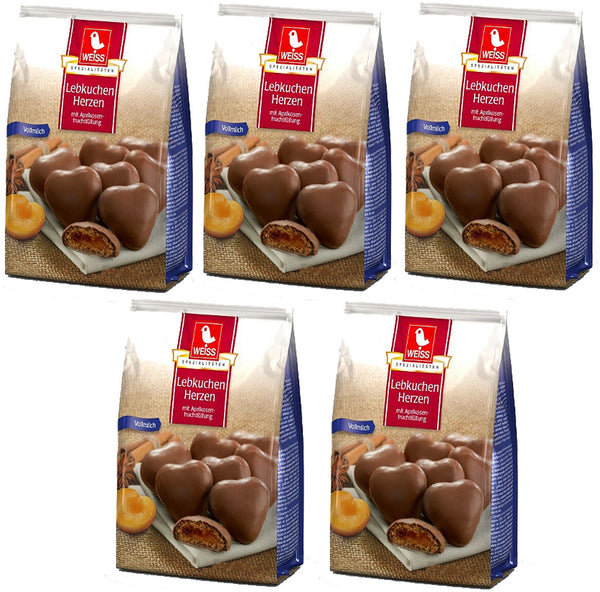 Weiss 5x 150g Vollmilch Lebkuchen Herzen gefüllt mit Aprikosenfüllung 750g