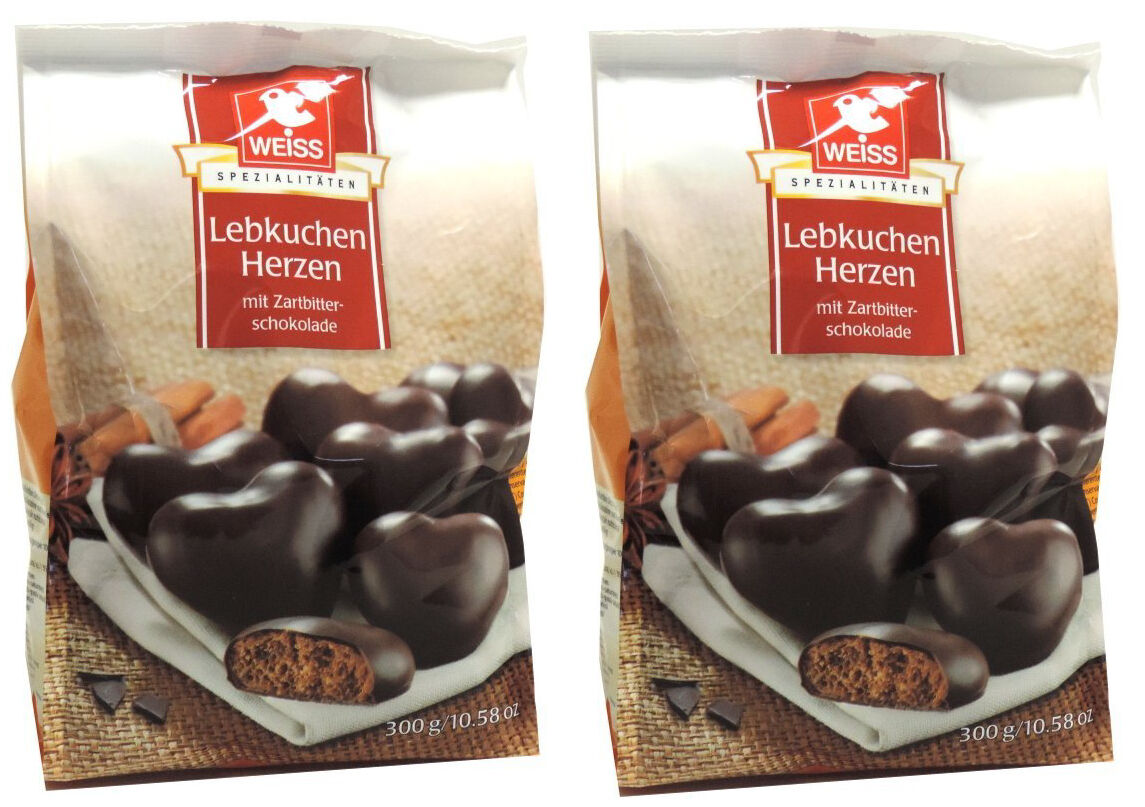 Weiss 2x 300g Braune Lebkuchen Herzen mit 23% Zartbitterschokolade UNGEFÜLLT MHD: 4/2026