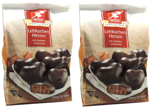 Weiss 2x 300g Braune Lebkuchen Herzen mit 23% Zartbitterschokolade UNGEFÜLLT MHD: 4/2026