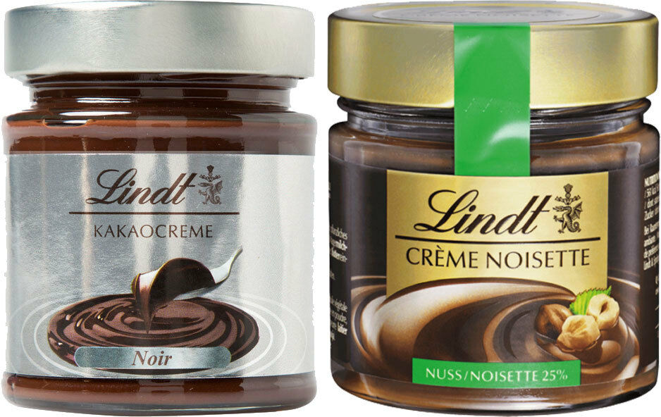 Lindt Creme Noisette 25% Haselnusscreme 220 g. und Creme Dunkel Noir 220g.