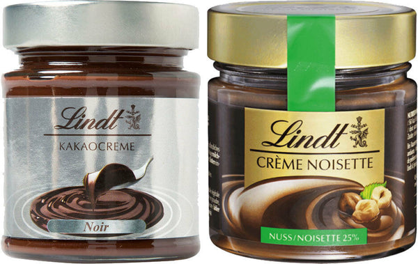 Lindt Creme Noisette 25% Haselnusscreme 220 g. und Creme Dunkel Noir 220g.