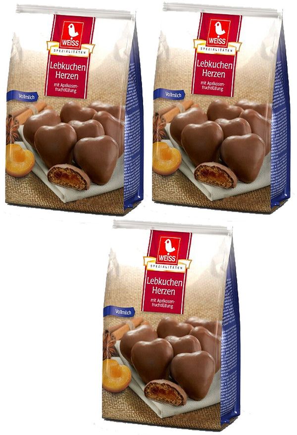 Weiss 3x 150g Vollmilch Lebkuchen Herzen gefüllt mit Aprikosenfüllung  450g MHD: 04/2026