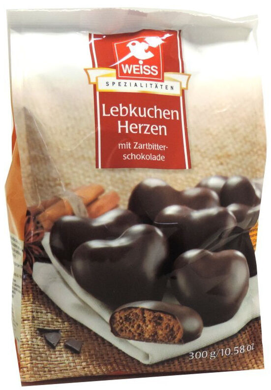 Weiss 300g Braune Lebkuchen Herzen mit 23% Zartbitterschokolade überzogen MHD: 4/2026