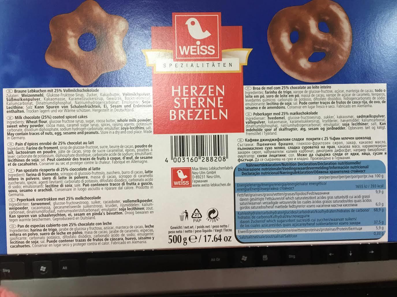 WEISS 7x 500g Zarte Lebkuchen Herzen Sterne Brezeln Vollmilch Schokolade 3,5 Kg MHD: 30/04/2026