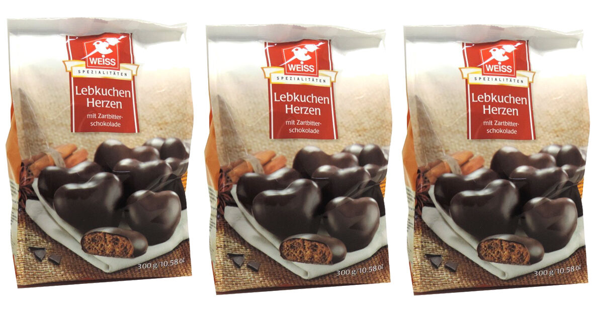 Weiss 3x 300g Braune Lebkuchen Herzen mit 23% Zartbitterschokolade überzog. 900g MHD: 4/2026