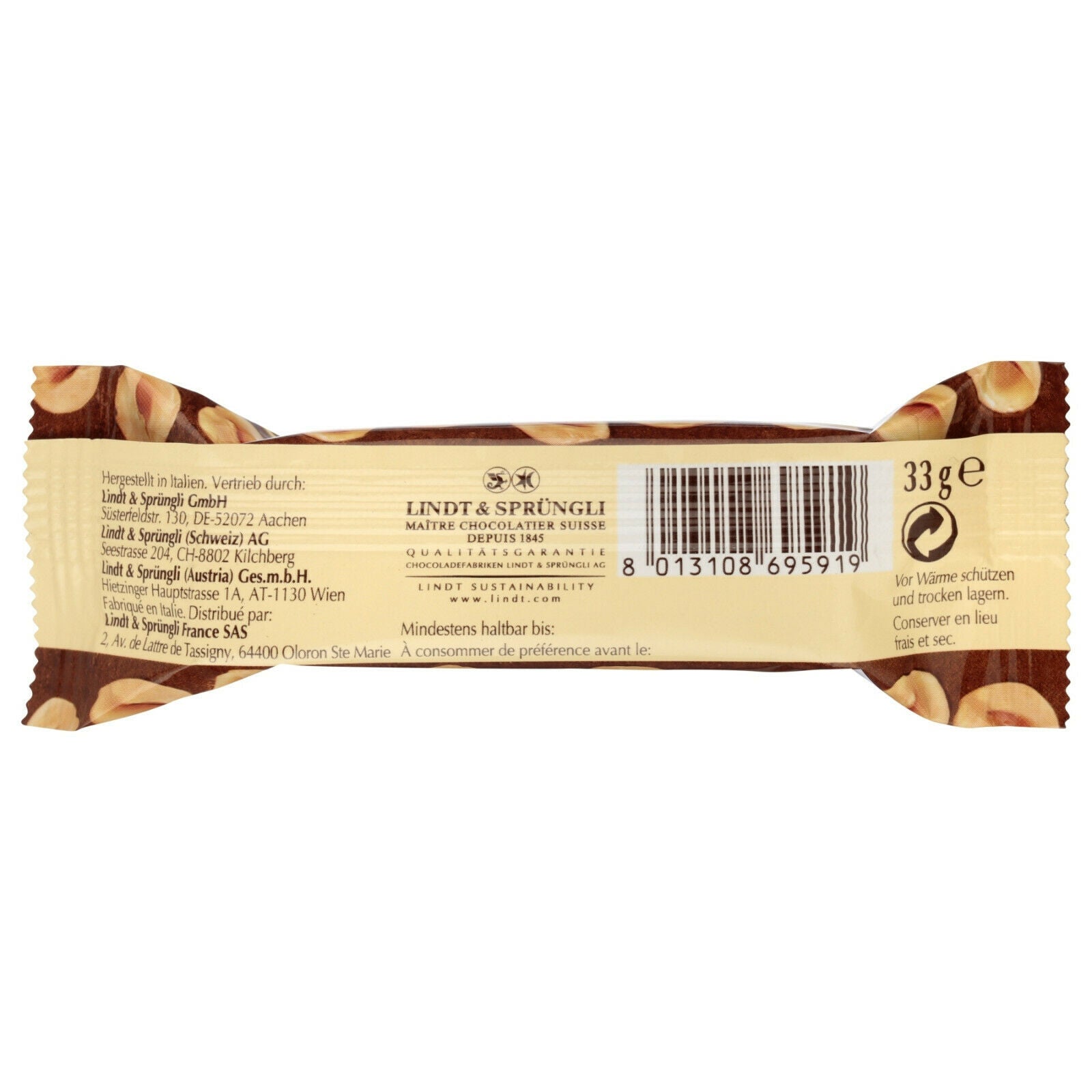 Lindt NUXOR 36 Riegel Gianduja Milchschokolade mit Haselnüssen 36 x 33g