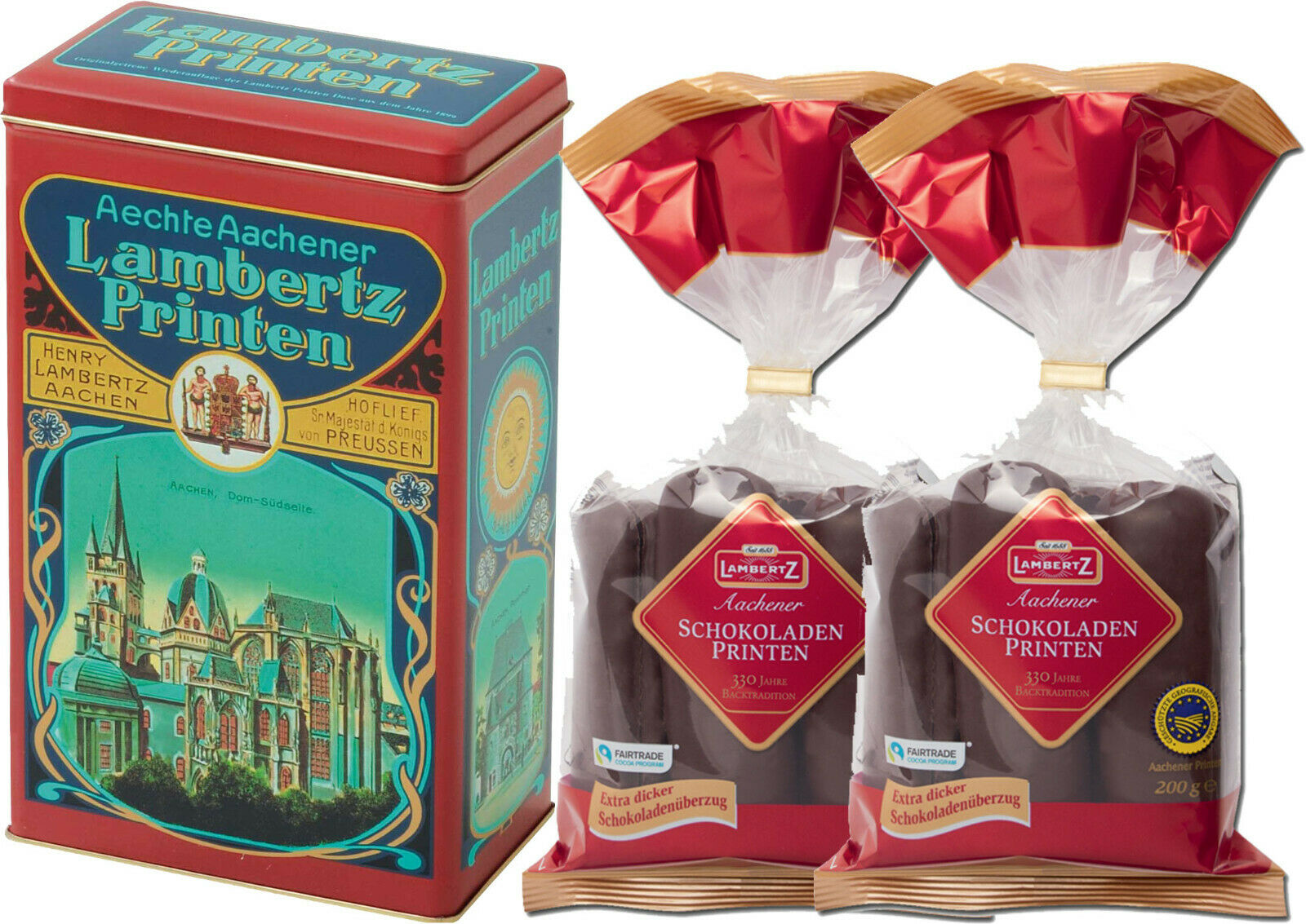 Lambertz 400g Aachener Schokoladen Printen Domansicht in Hoflieferant Dose