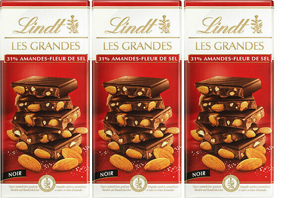 Lindt 3 x 150g. Les Grandes Dunkle Schokolade mit Mandel und Meersalz 450g