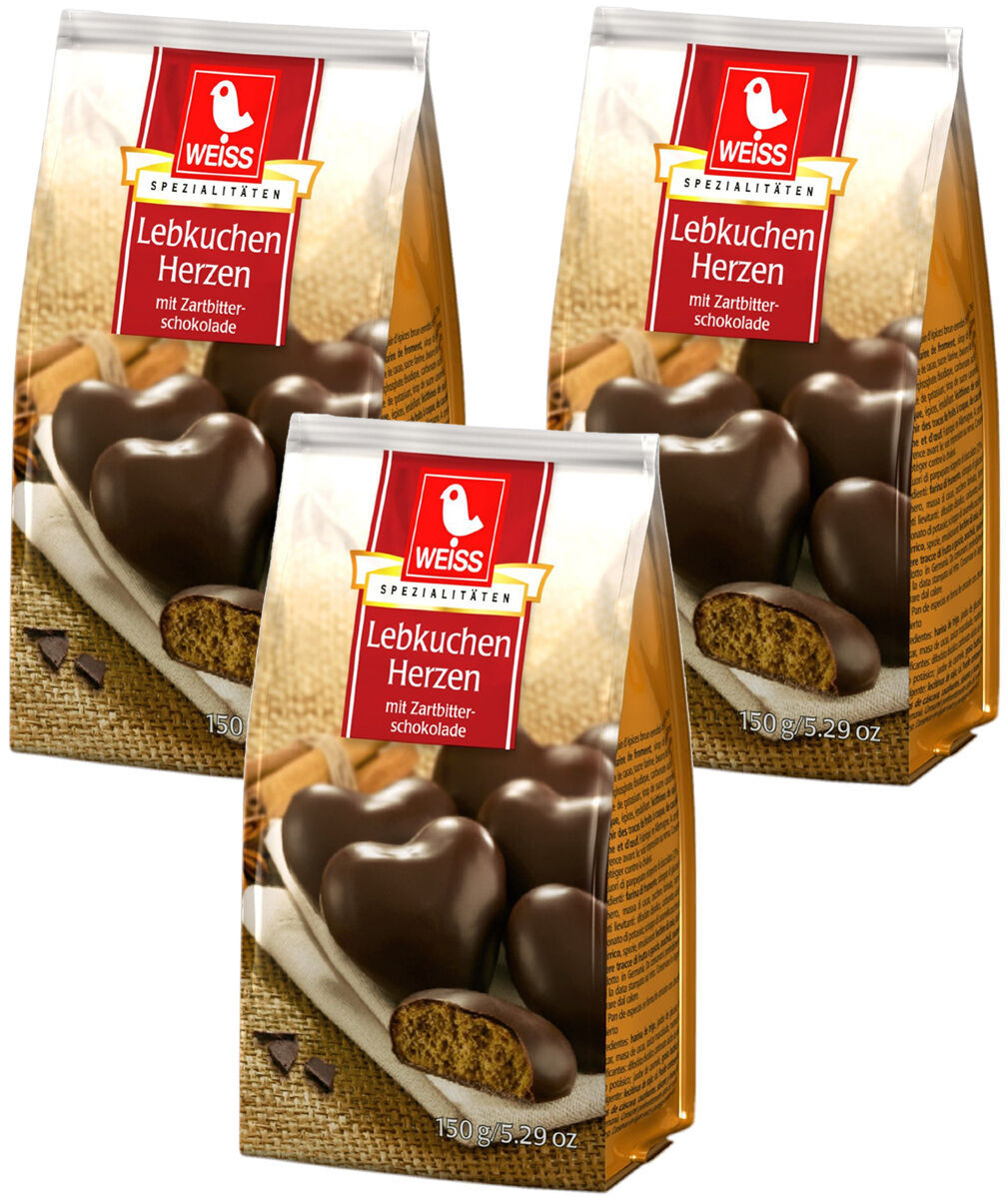 Weiss 3x 150g Lebkuchen Herzen mit 23% Zartbitterschokolade überzogen 450g MHD: 4/2026