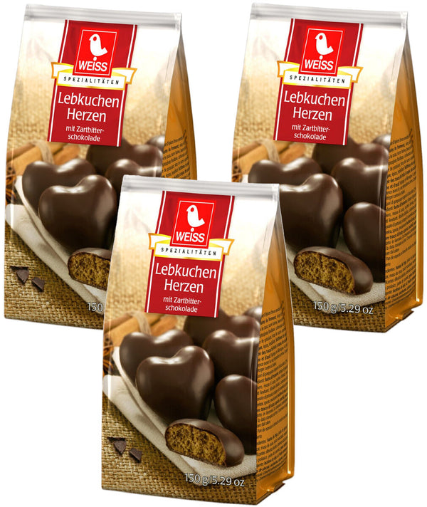 Weiss 3x 150g Lebkuchen Herzen mit 23% Zartbitterschokolade überzogen 450g MHD: 4/2026