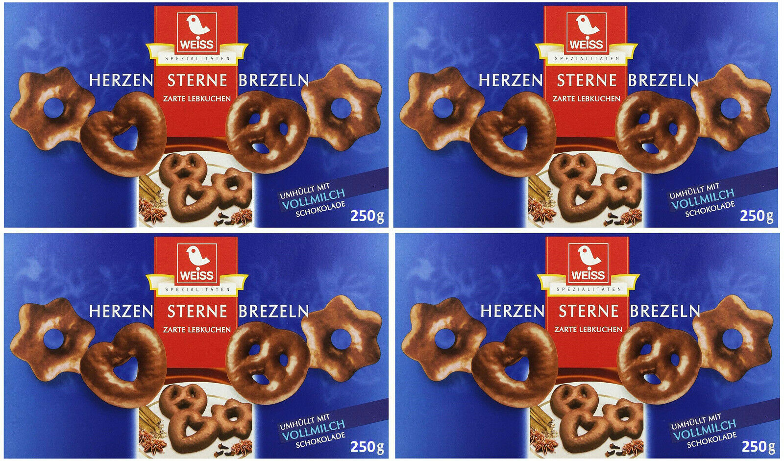 WEISS 4x 250g Zarte Lebkuchen Herzen Sterne Brezeln Vollmilch Schokolade 1 Kg MHD: 04/26
