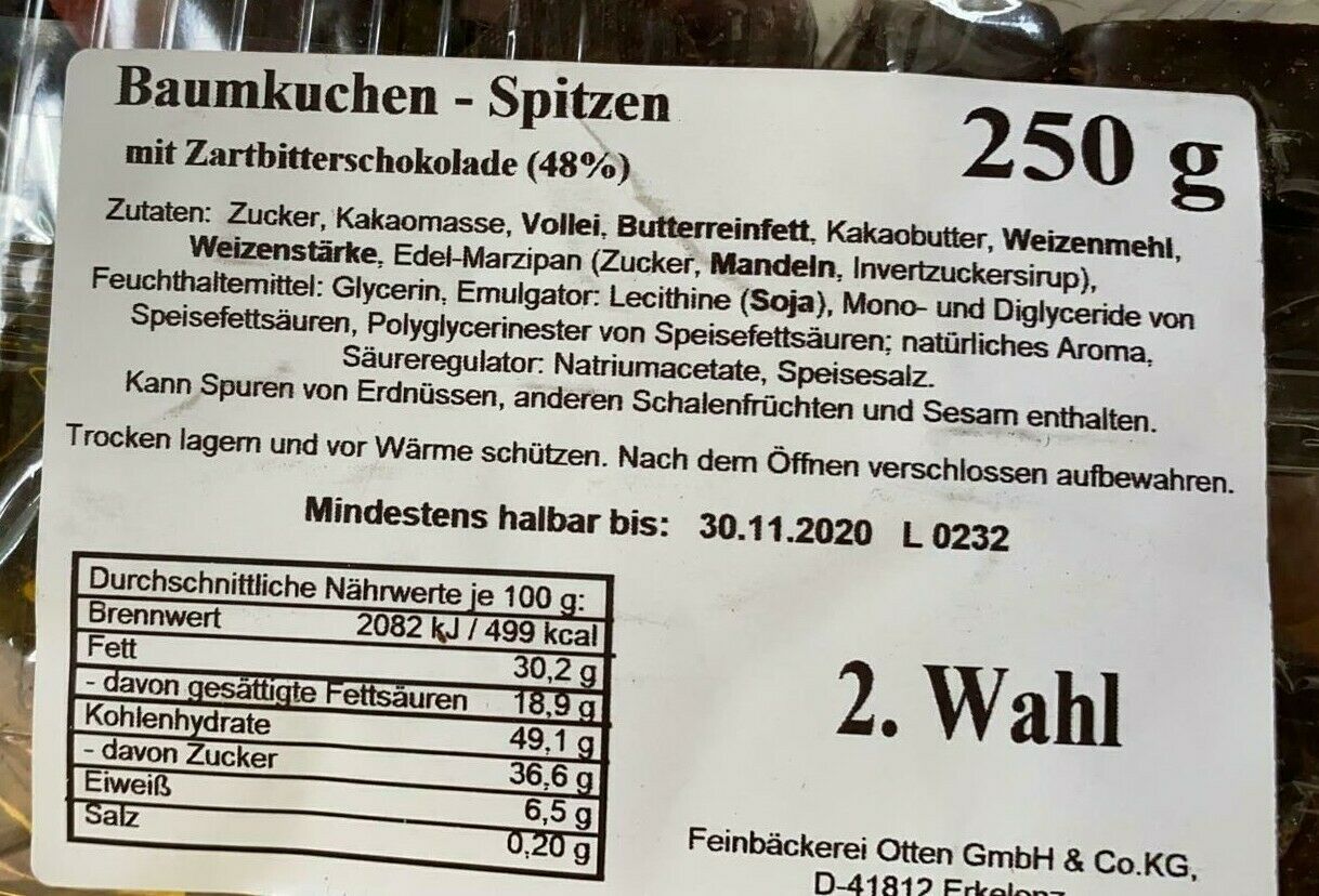 Baumkuchenspitzen mit JAMAICA RUM  Zartbitterschokolade 750g  2.Wahl MHD 02/2026