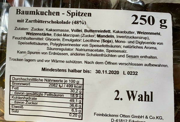 Baumkuchenspitzen mit JAMAICA RUM  Zartbitterschokolade 750g  2.Wahl MHD 02/2026