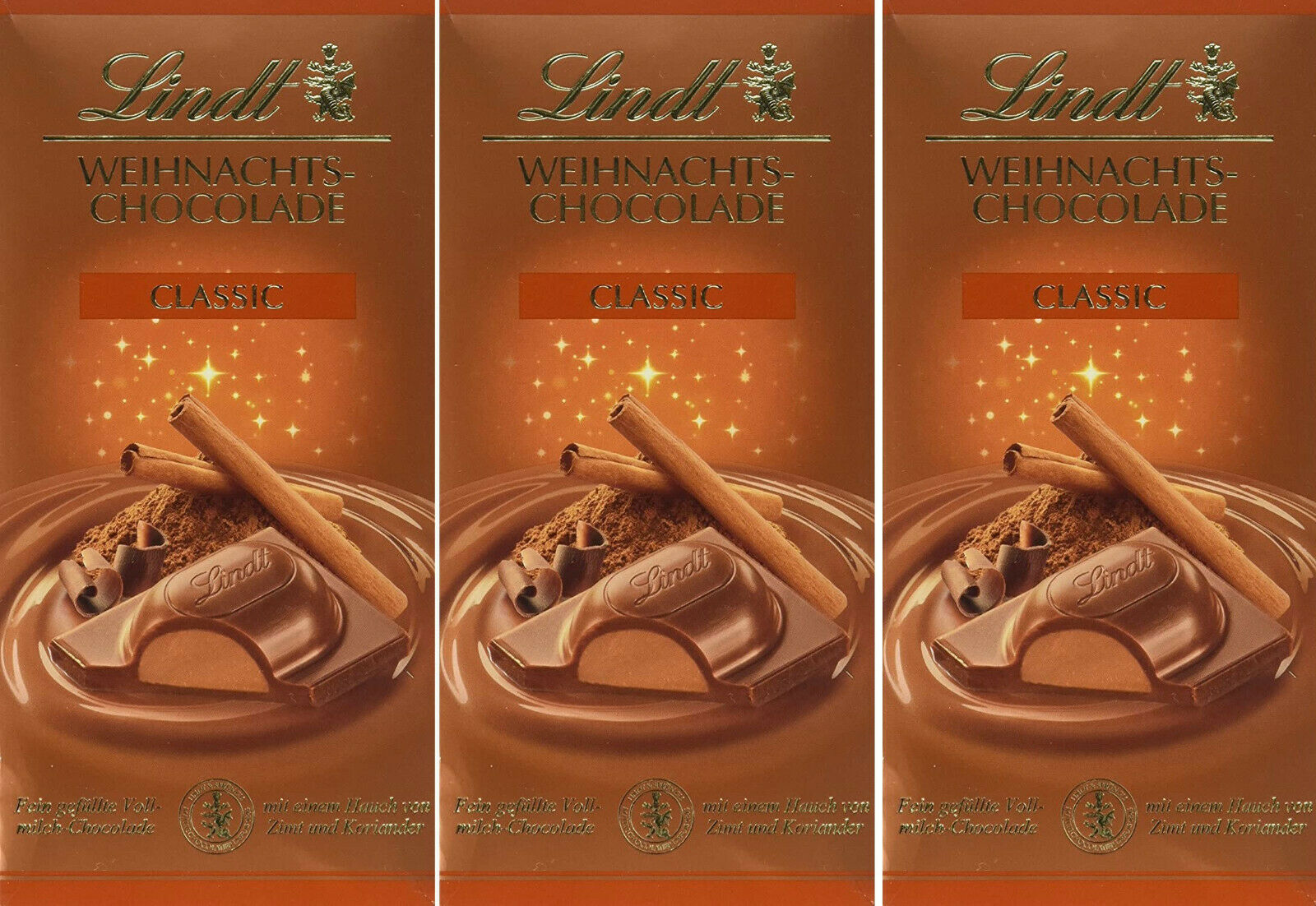Weihnachtsschokolade  Classic von Lindt Vollmilch Zimt Koriander 3 x 100g