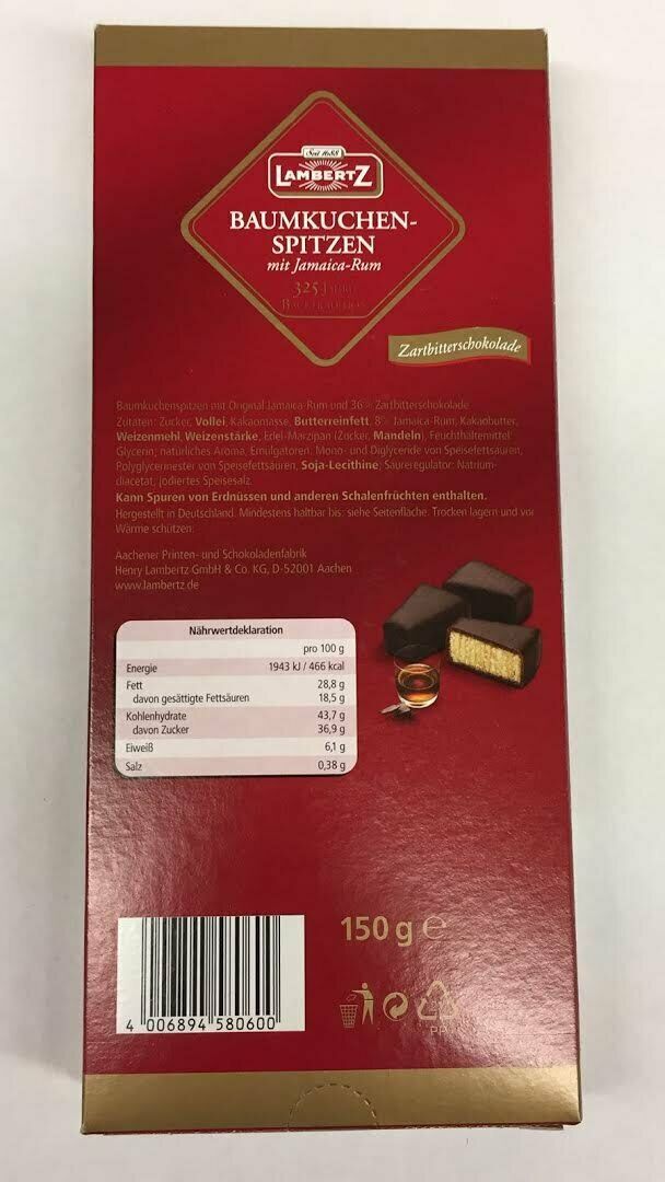 Lambertz 3x 150g Baumkuchenspitzen mit Jamaica Rum in Zartbitterschokolade 450g