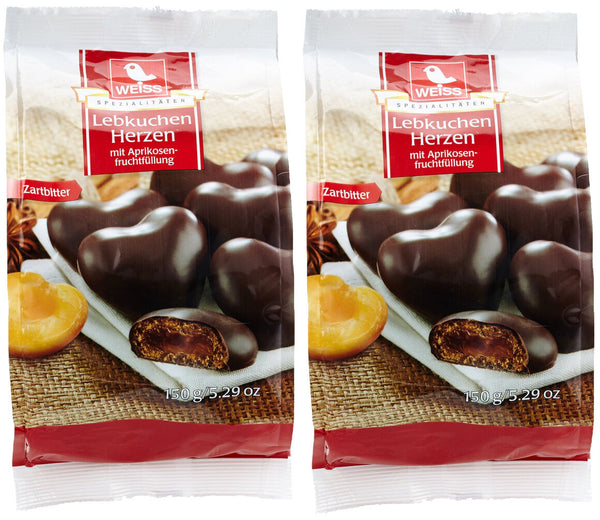 Weiss 2x 150g gefüllte Zartbitter Lebkuchen Herzen mit Aprikosenfüllung 300g MHD: 4/2026