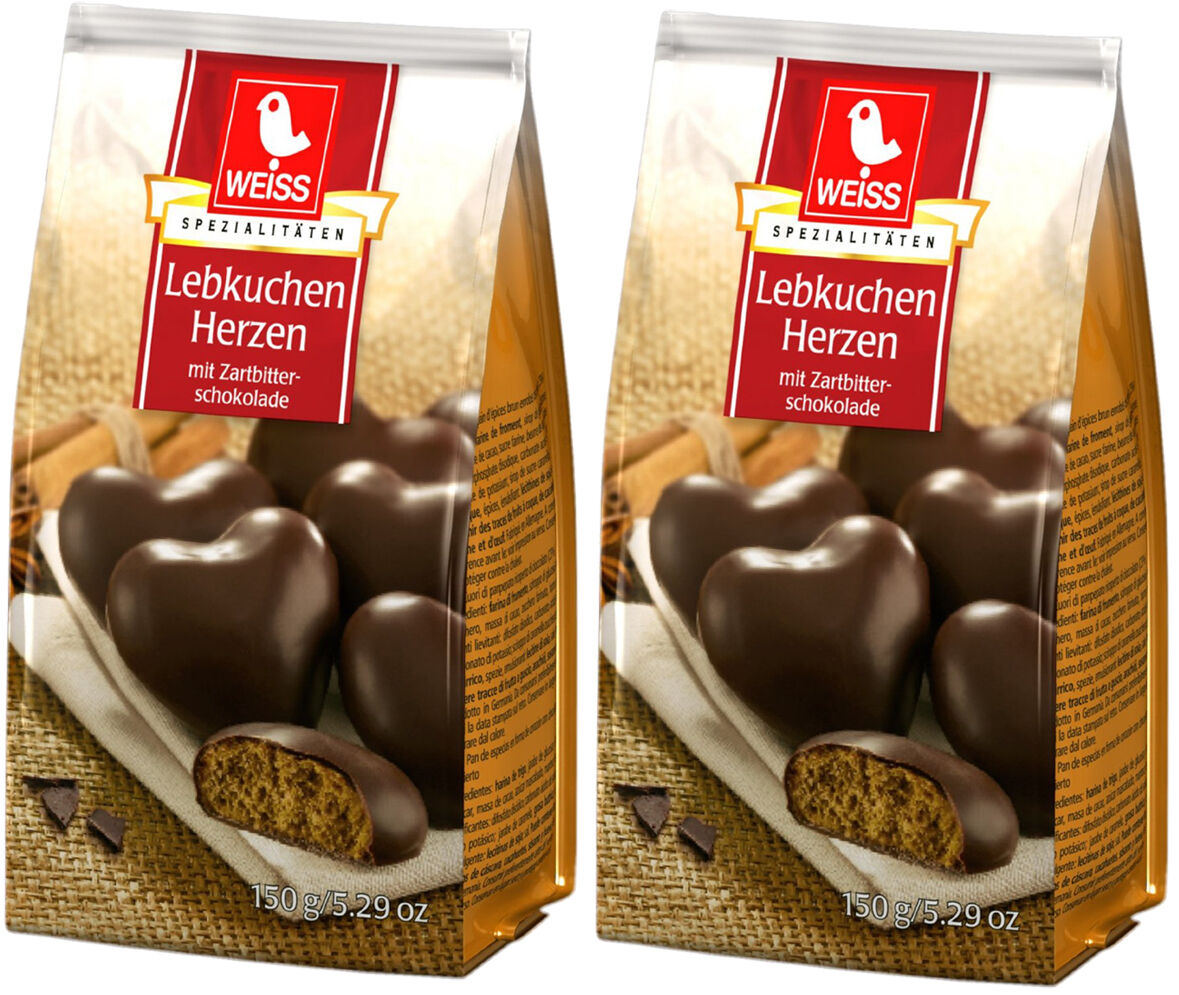 Weiss 2x 150g Lebkuchen Herzen mit 23% Zartbitterschokolade überzogen 300g MHD: 4/2026