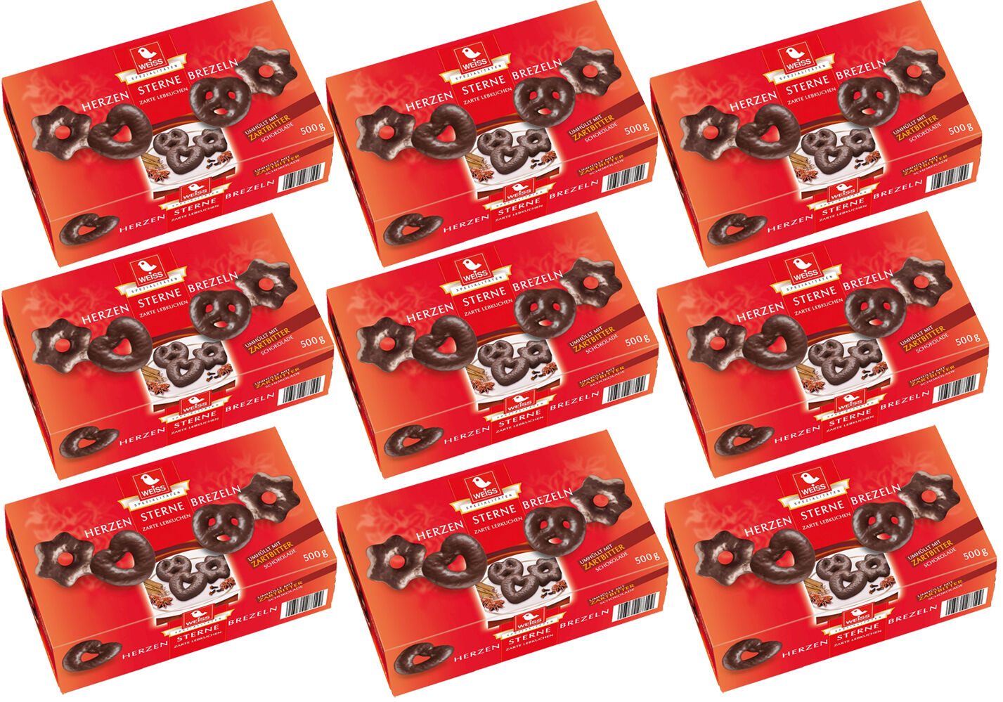 WEISS 9x 500g Zarte Lebkuchen Herzen Sterne Brezeln mit Zartbitter 4,5 kg  MHD 4/26