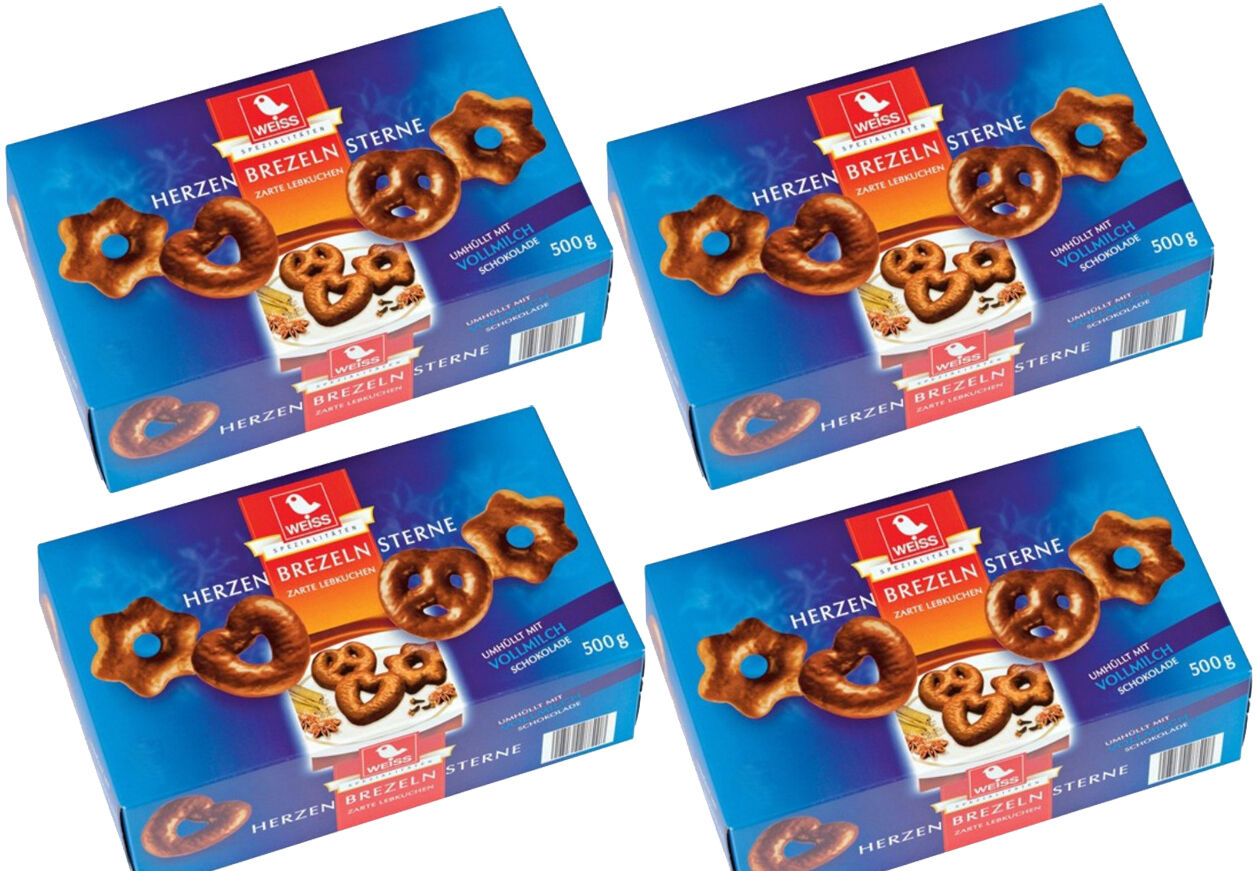 WEISS 4x 500g Zarte Lebkuchen Herzen Sterne Brezeln Vollmilch Schokolade MHD: 30/04/2026