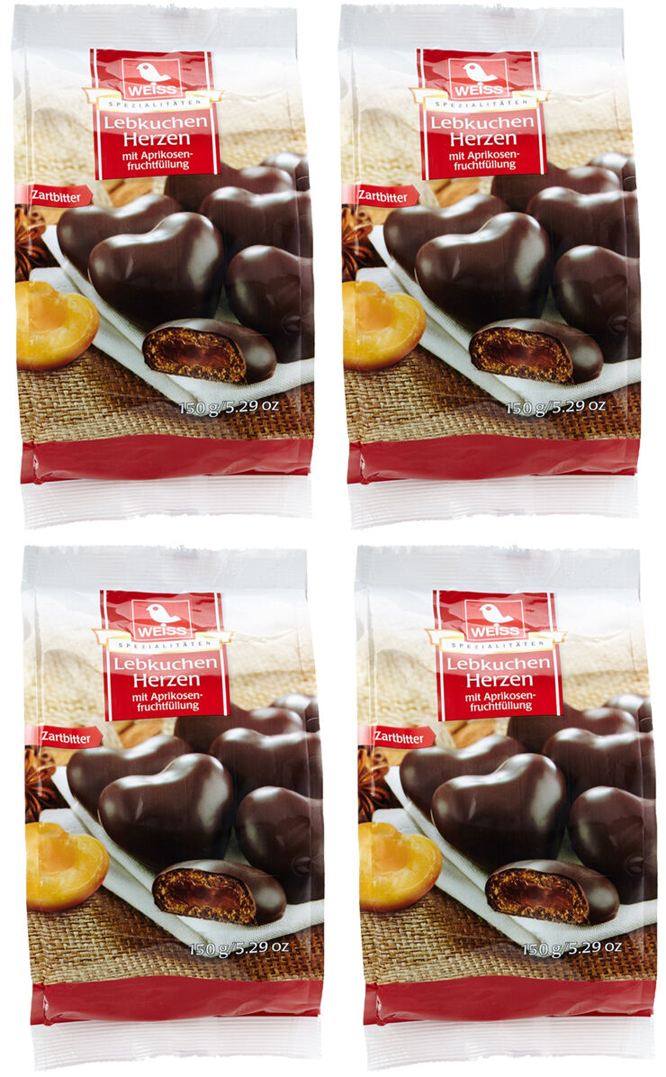 Weiss 4x 150g Zartbitter Lebkuchen Herzen mit Aprikosenfruchtfüllung 600g MHD: 4/2026