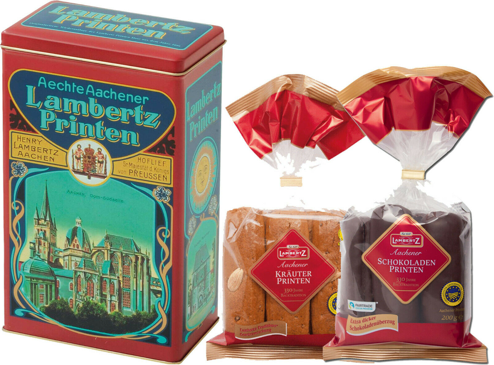 Lambertz 400g Aachener Kräuter + Schoko Printen Domansicht in Hoflieferant Dose