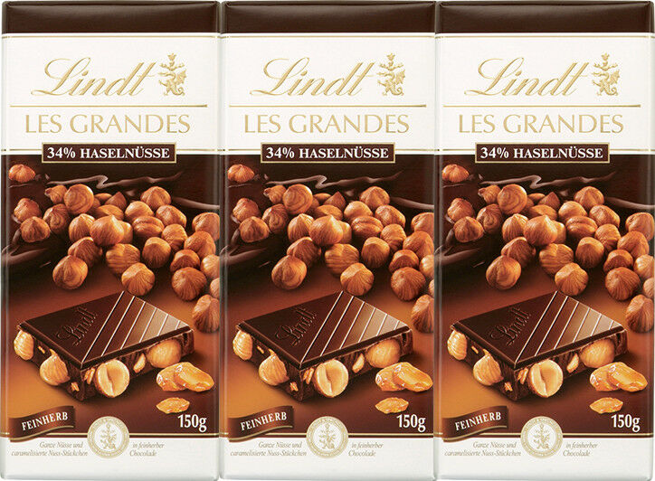 Les Grandes Feinherb Lindt 3x 150g mit  34 % Haselnüsse caramelisierte Nuss