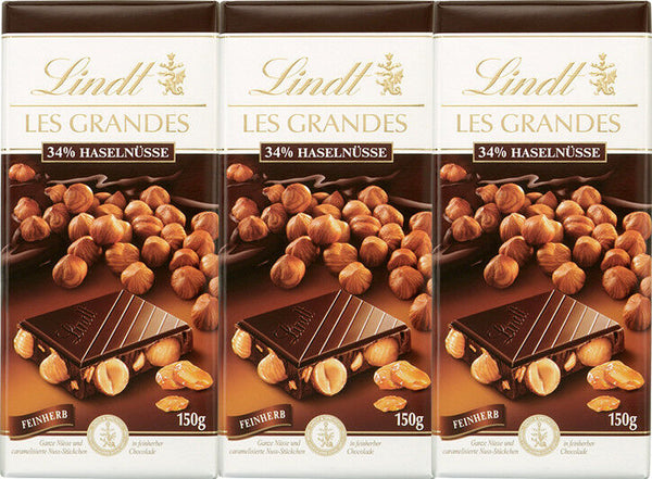 Les Grandes Feinherb Lindt 3x 150g mit  34 % Haselnüsse caramelisierte Nuss
