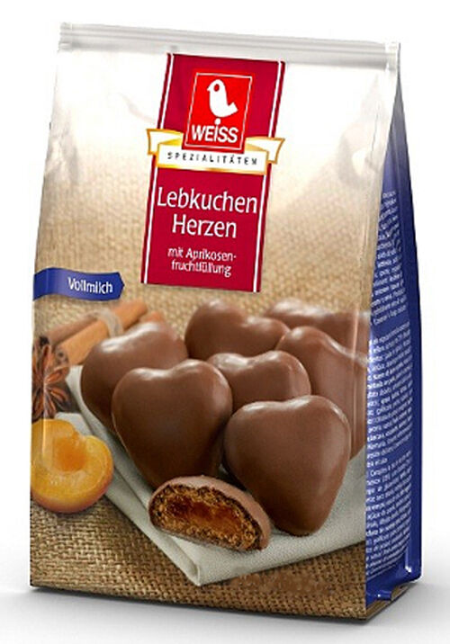 Weiss 150g Vollmilch Lebkuchen Herzen gefüllt mit Aprikosenfüllung MHD: 4/2026