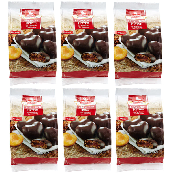 Weiss 6x 150g gefüllte Zartbitter Lebkuchen Herzen mit Aprikosenfüllung 900g MHD: 4/2026