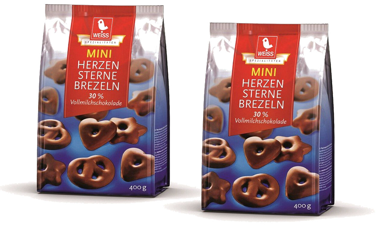 Weiss 2x 400gr. Vollmilch Mini Herzen Sterne Brezeln 800g