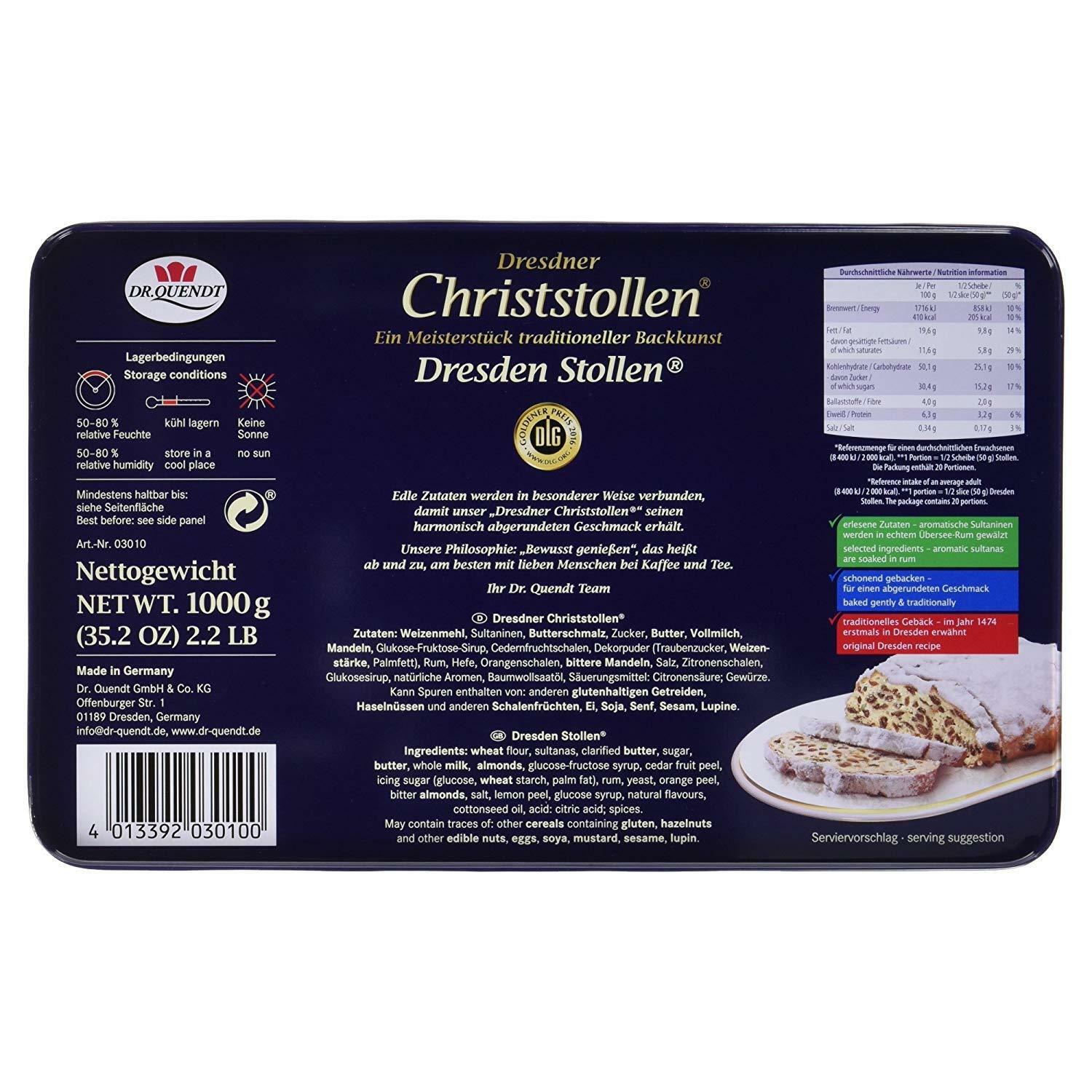 Geschenkdose orig. Dresdner Christstollen 1kg Rosinen Stollen Dr. Quendt MHD: 05/2026
