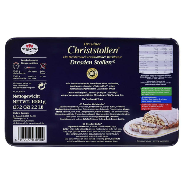 Geschenkdose orig. Dresdner Christstollen 1kg Rosinen Stollen Dr. Quendt MHD: 05/2026