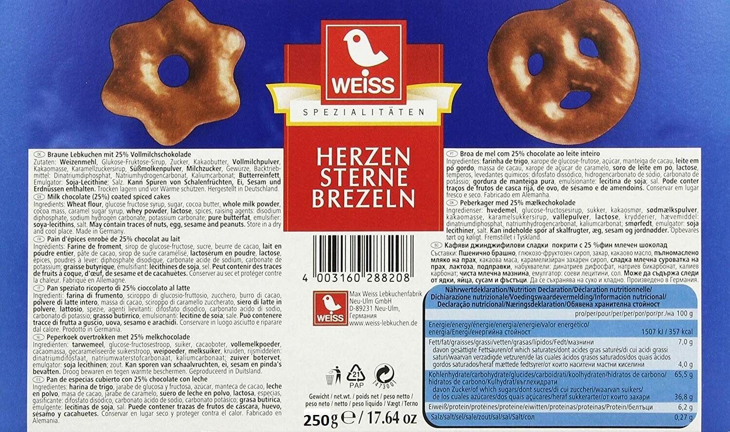 WEISS 4x 250g Zarte Lebkuchen Herzen Sterne Brezeln Vollmilch Schokolade 1 Kg MHD: 04/26
