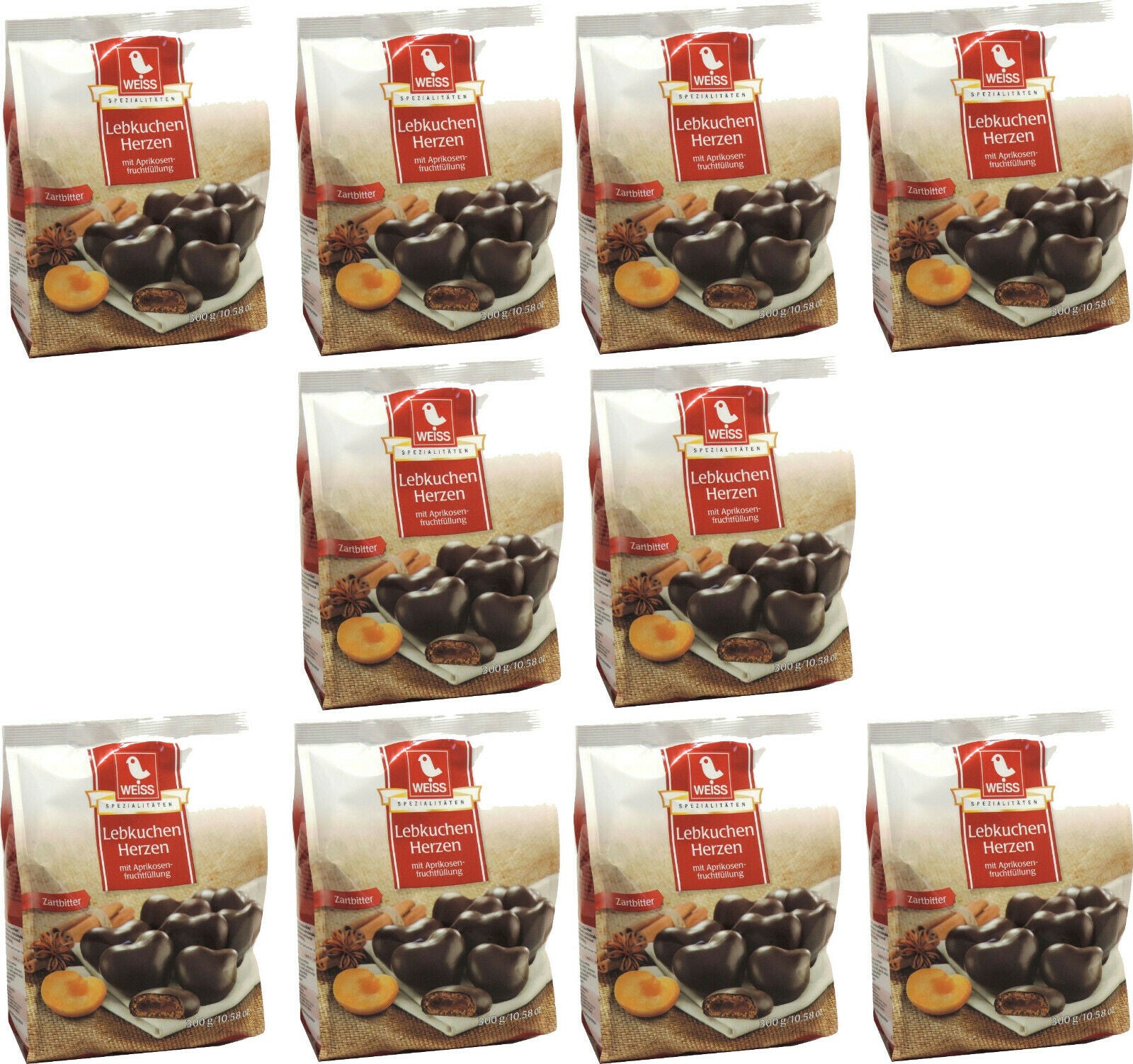 Weiss 10 x 300g gefüllte Zartbitter Lebkuchen Herzen mit Aprikosenfüllung 3 kg.