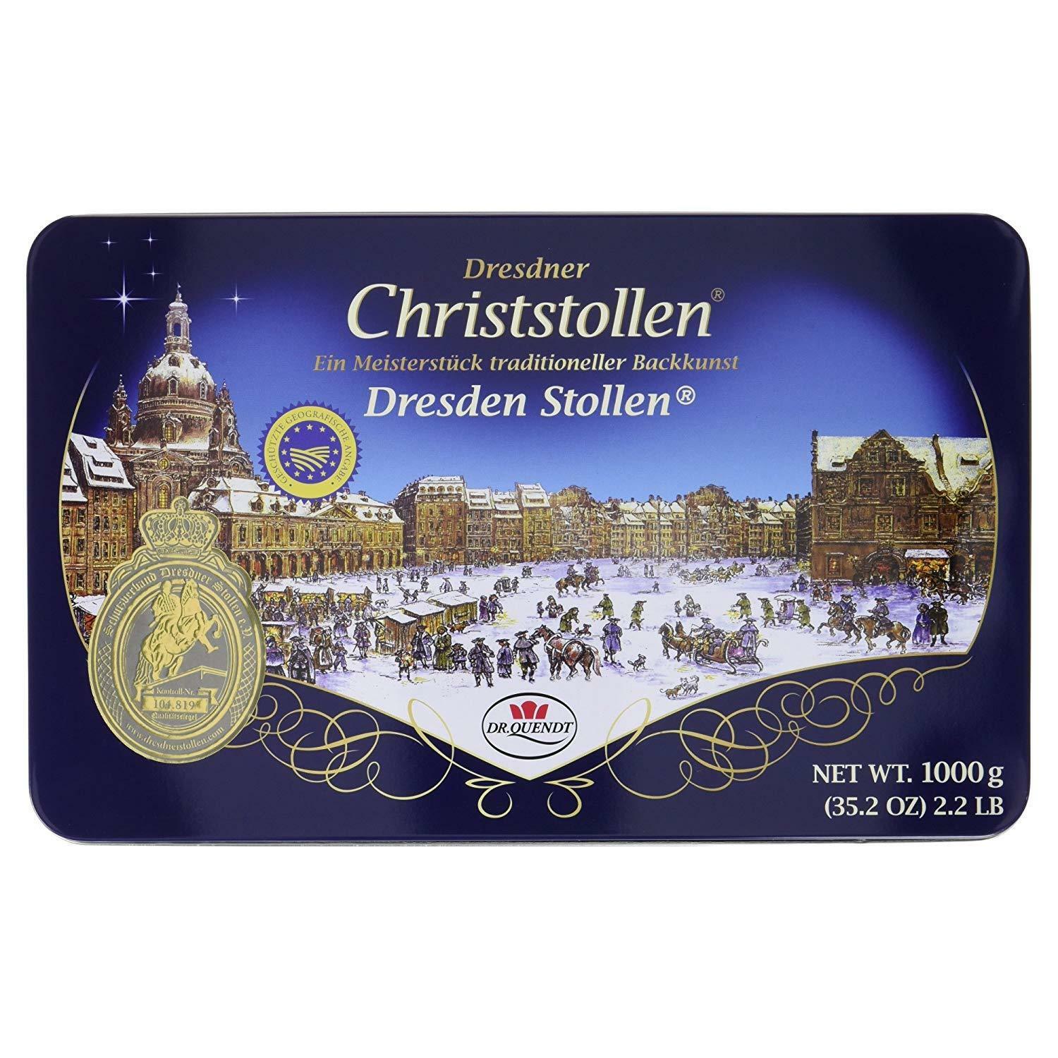 Geschenkdose orig. Dresdner Christstollen 1kg Rosinen Stollen Dr. Quendt MHD: 05/2026