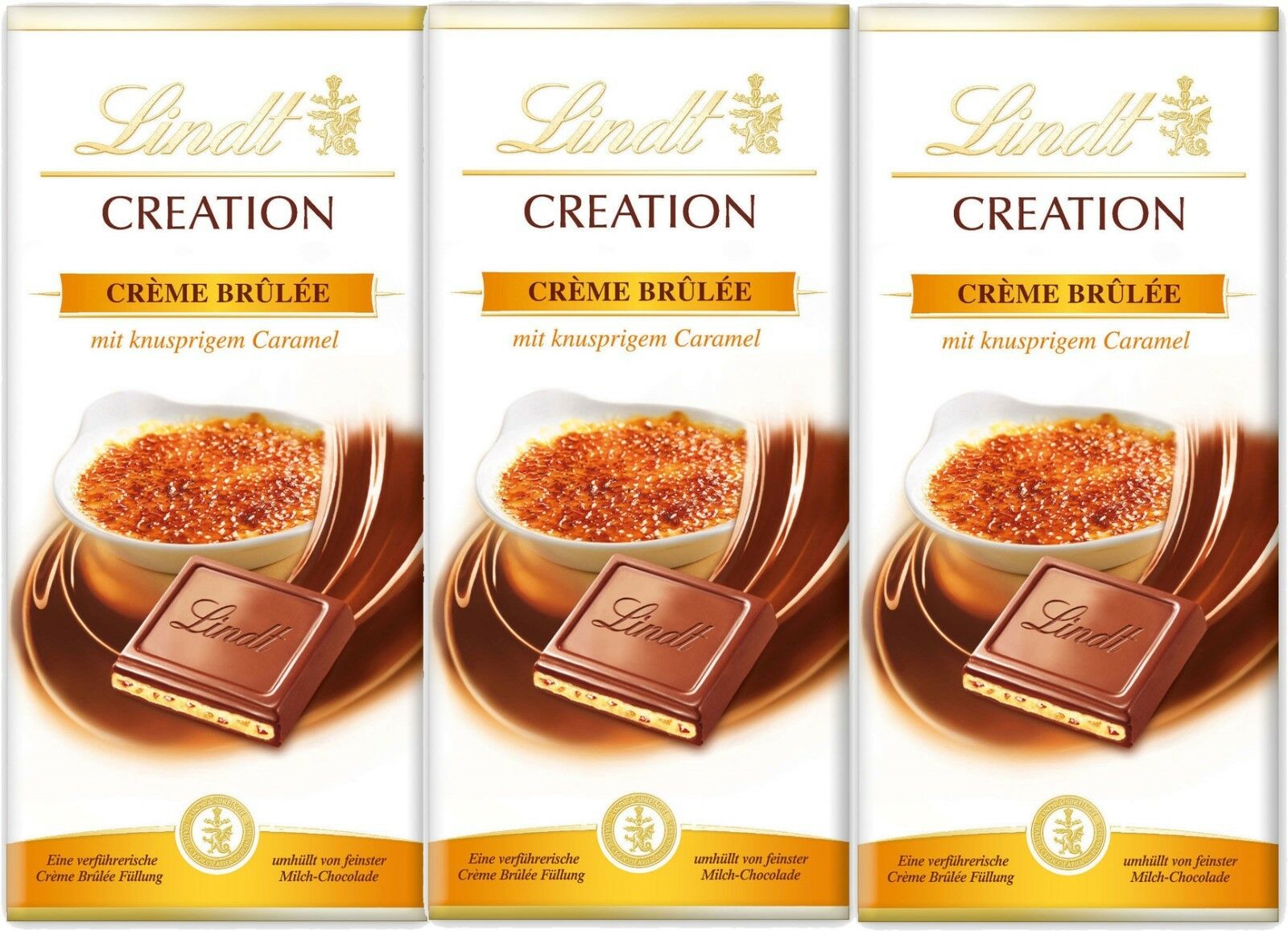 Lindt 3x 150g. CREATION Vollmilch Creme Brulee mit knusprigem Caramel 450g.