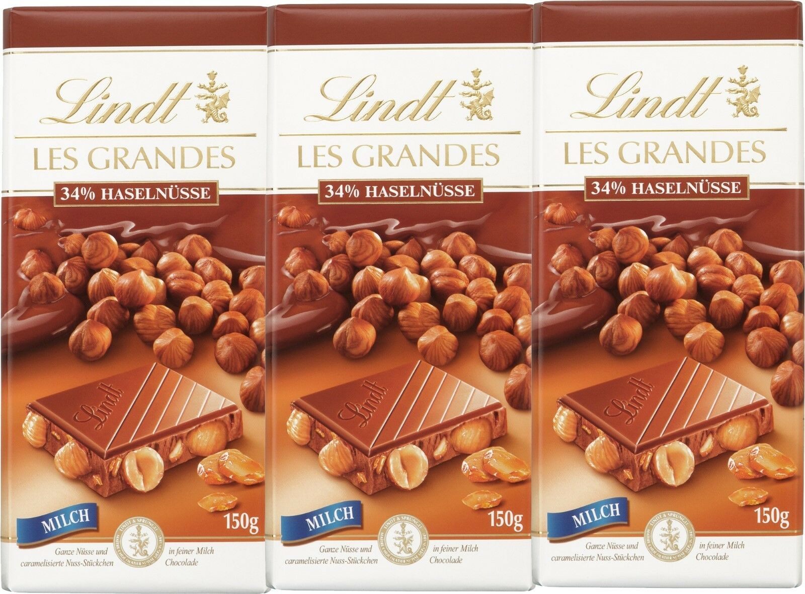 Les Grandes Milch 34 % Haselnüssen von Lindt 3x 150g.  karamelsierte Nuss