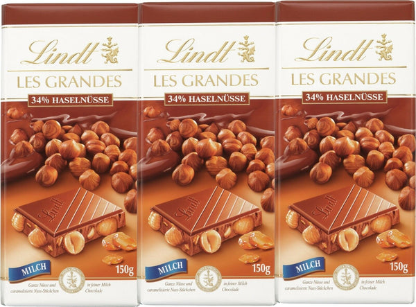 Les Grandes Milch 34 % Haselnüssen von Lindt 3x 150g.  karamelsierte Nuss