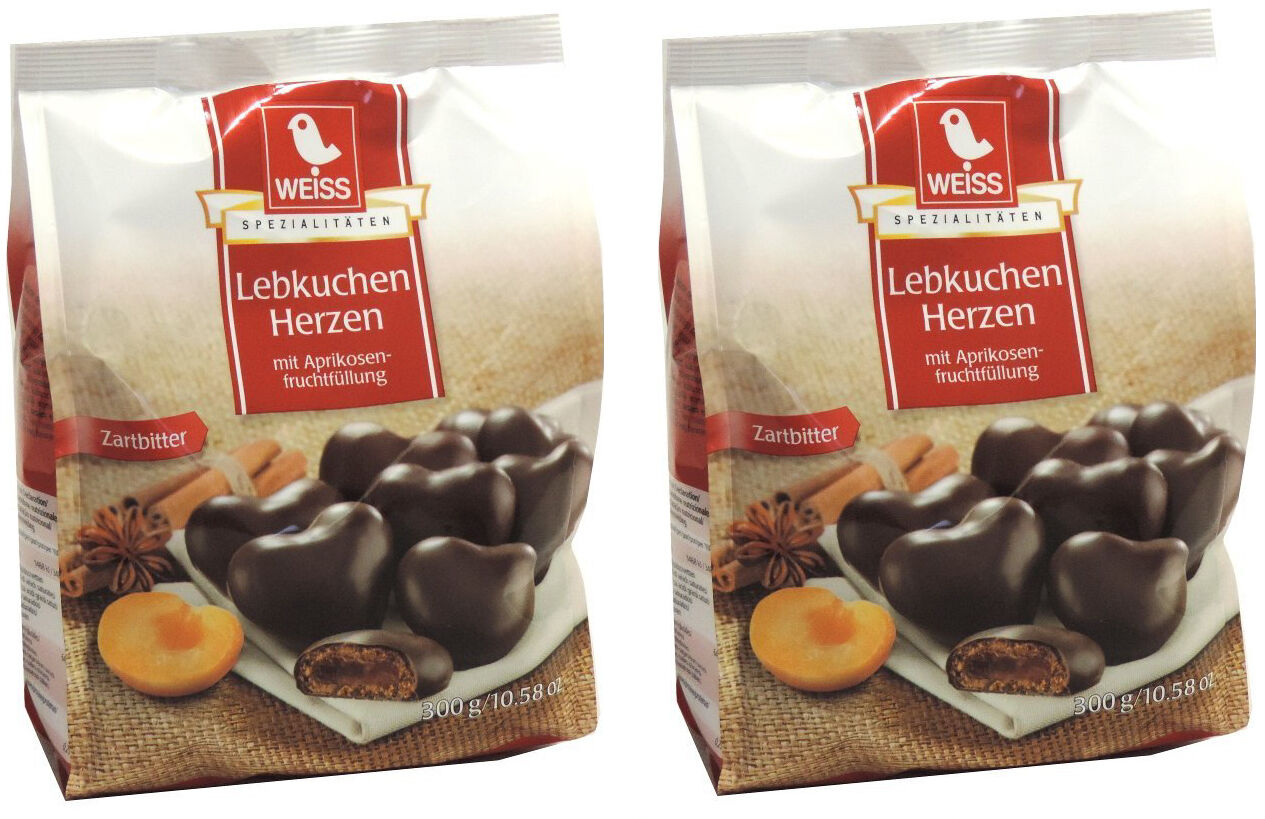 Weiss 2x 300g gefüllte Zartbitter Lebkuchen Herzen mit Aprikosenfüllung 600g MHD:2025