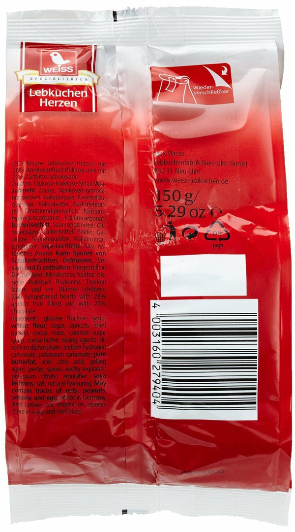 Weiss 2x 150g gefüllte Zartbitter Lebkuchen Herzen mit Aprikosenfüllung 300g MHD: 4/2026