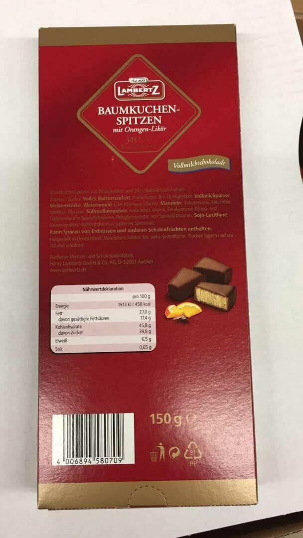 Lambertz 3x 150g Baumkuchenspitzen mit Orangen Likör in Vollmilchschokolade