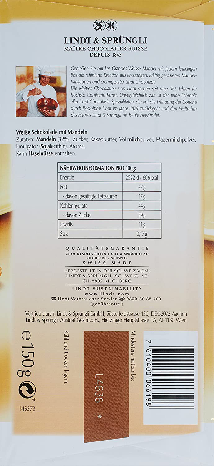 Lindt 3 x 150g. Les Grandes Weiße Schokolade mit karamellisierten Mandel-Stückchen