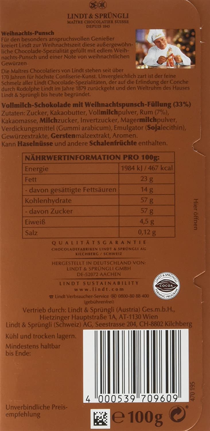 Lindt & Sprüngli Punsch Weihnachts Schokolade 4x100g